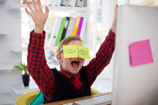 Boy as business executive with sticky notes on his eyes - Download Free Stock Photos Pikwizard.com