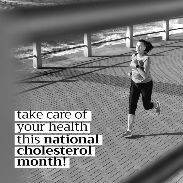 Square image of national cholesterol month text with running caucasian women. National cholesterol month campaign.