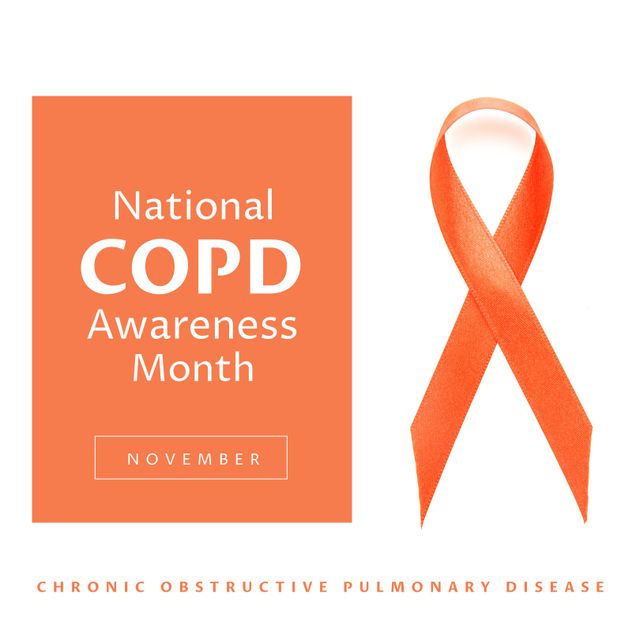 Composition of copd awareness month text over orange ribbon. Copd awareness month and celebration concept digitally generated image.
