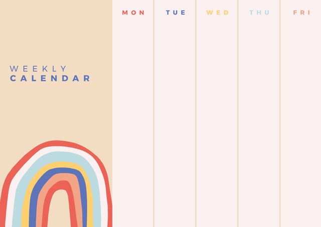 Composition of weekly calendar text over rainbow on blue background. Calendar maker concept digitally generated image.