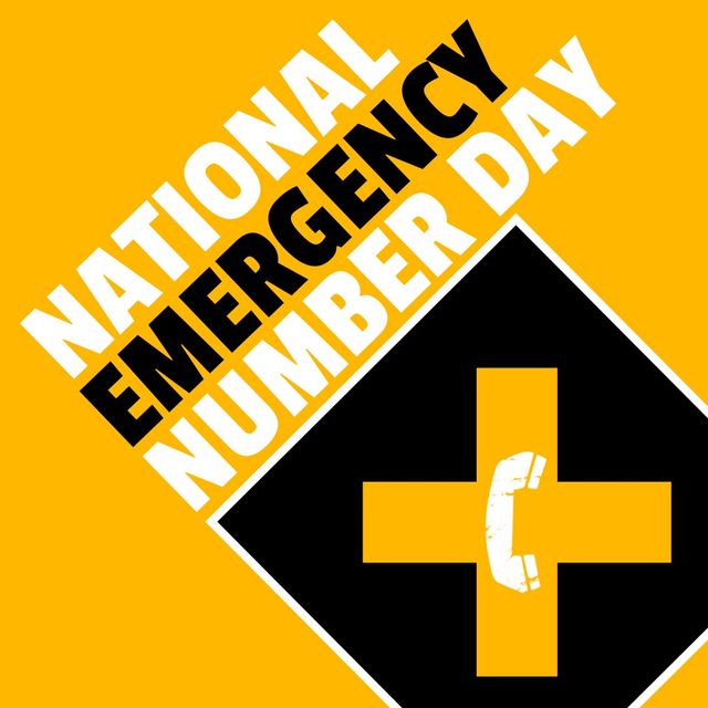 National emergency number day text banner with phone icon against yellow background. National emergency number day awareness concept