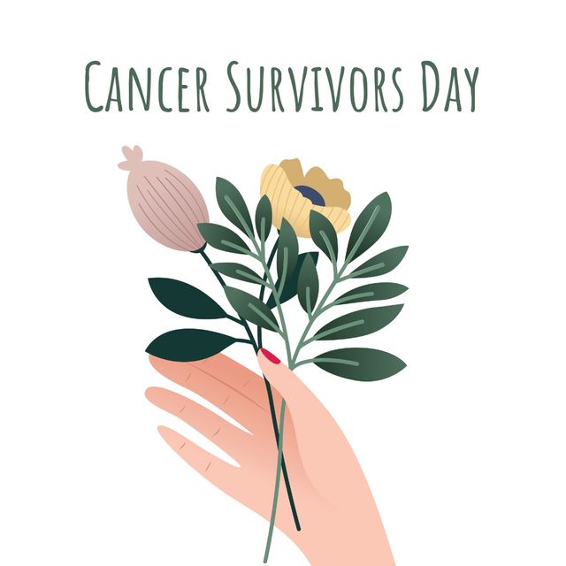 Digital composite image of cancer survivor day text with hand holding flower over white background. vector, fightback and cancer awareness campaign concept.