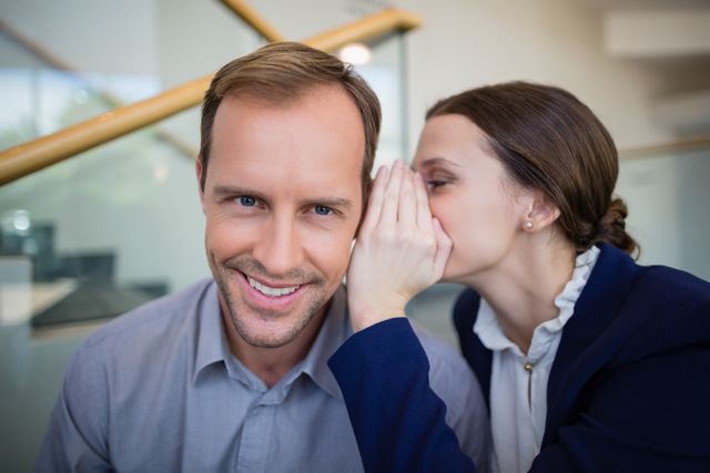Â Businesswoman whispering something to her colleague at conference centre