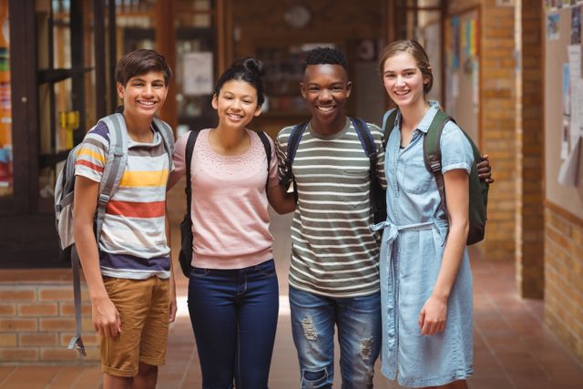 Portrait of happy students standing with arms around in corridor at school