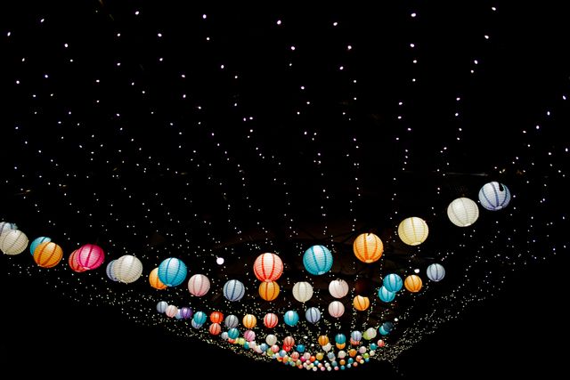 a ceiling with many colorful paper lanterns - Download Free Stock Photos Pikwizard.com