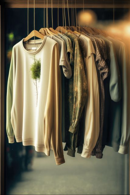 Sweatshirts with nature patterns on hanging rail in shop, created using generative ai technology. Clothes, fashion and textile concept.