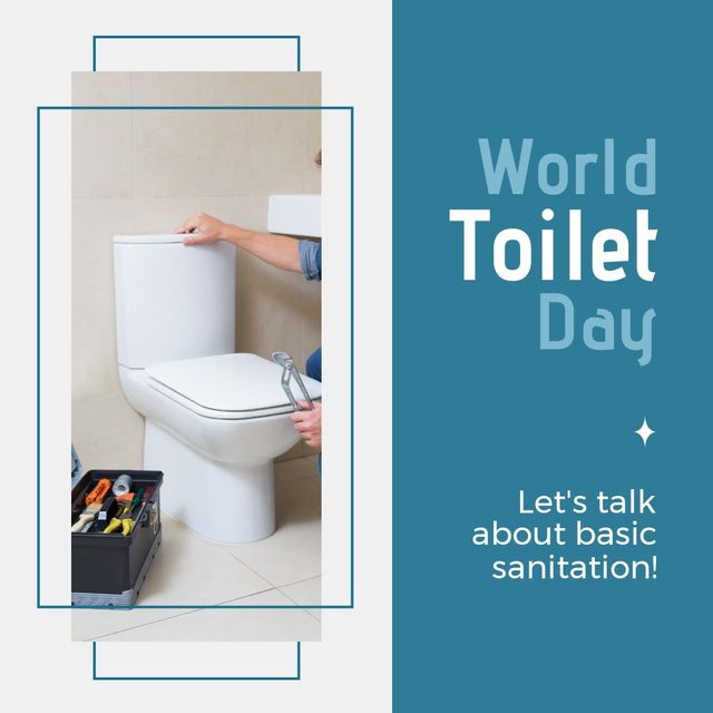 Square image of world toilet day and sanitation text, with hands of plumber working on toilet. World toilet day, global sanitation crisis awareness concept digitally generated image.