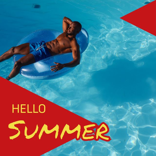 Composite of hello summer text and african american man relaxing on inflatable ring in pool. Lifestyle, shirtless, pool party, season, enjoyment and holiday concept.