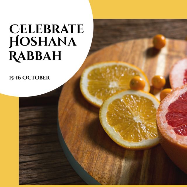 Composite of grapefruit and lemon slices on board and celebrate hoshana rabbah, 15-16 october text. Citrus fruit, fresh, sukkoth, jewish, festival, holiday, tradition and religious celebration.