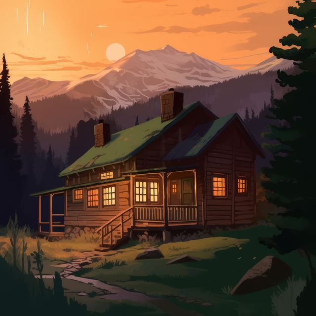 Wooden cabin with lit windows at sunset in mountains, created using generative ai technology. Cabin, vacation, nature, landscape and scenery concept digitally generated image.