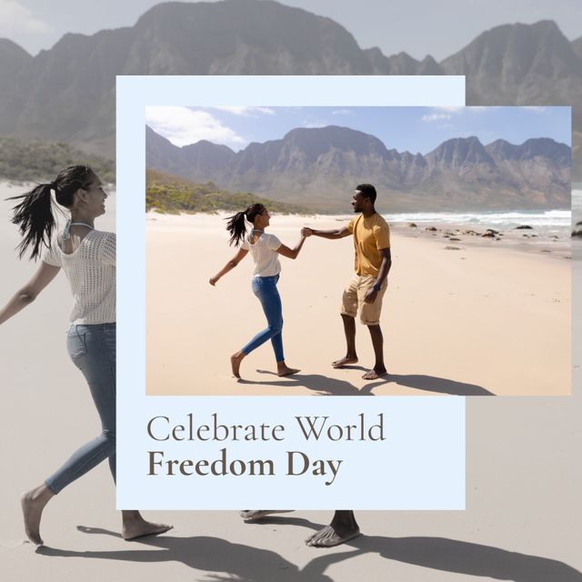Digital composite image of multiracial couple dancing at beach, celebrate world freedom day text. Copy space, celebration, victory over communism, holiday, freedom, togetherness, enjoyment.