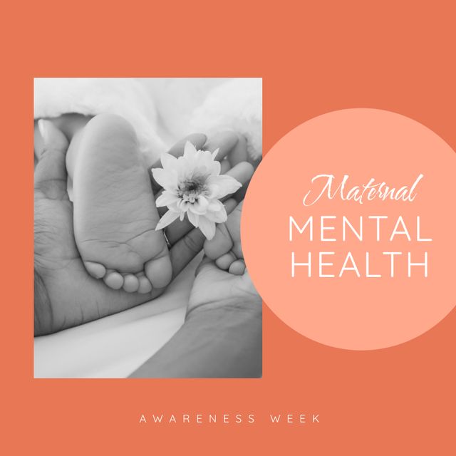 Composition of maternal mental health text over biracial woman's hand and baby's feet. Maternal mental health, pregnancy and mental health awareness concept digitally generated image.