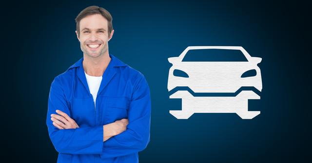 Digital composition of cheerful male automobile mechanic with wrench and car shape on background