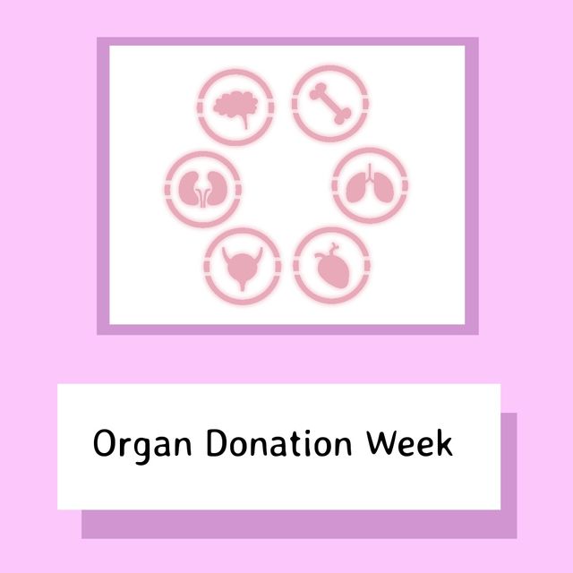 Vector image of various organ icons with organ donation week text on lavender background. Copy space, illustration, spread awareness, encourage people, donate healthy organs after death.