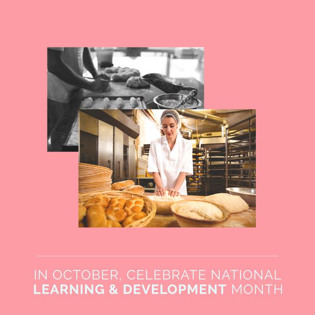 Image of learning and development month over pink background with photos of making bread - Download Free Stock Templates Pikwizard.com