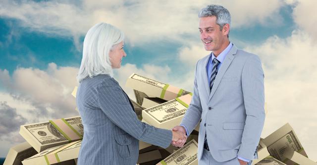 Business people shaking hands with money in background - Download Free Stock Photos Pikwizard.com