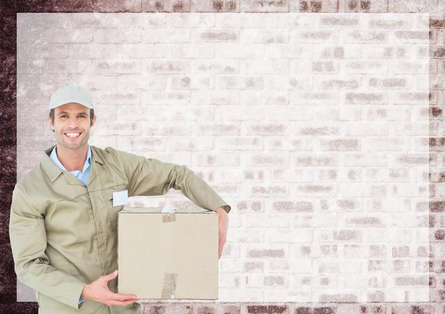 Delivery man holding box against wall in background - Download Free Stock Photos Pikwizard.com