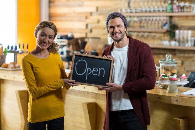 Portrait of smiling owners standing with open sign board in cafe