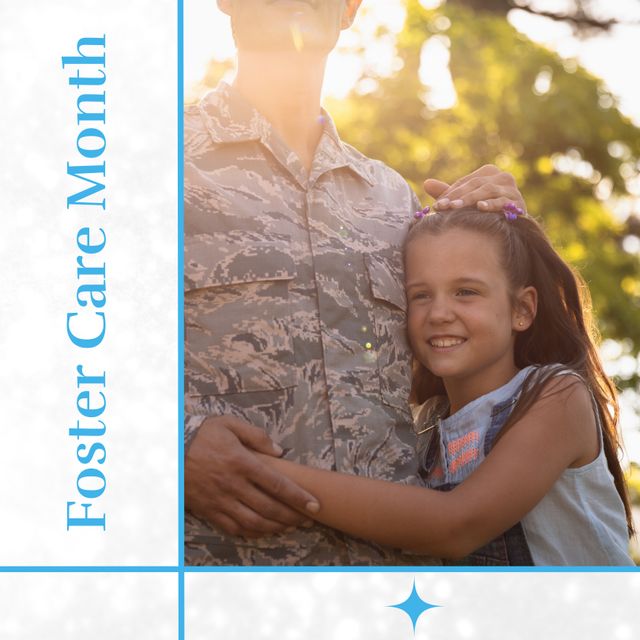 Composition of foster care month text and african american male soldier and daughter in garden. Foster care month, family and fostering concept digitally generated image.