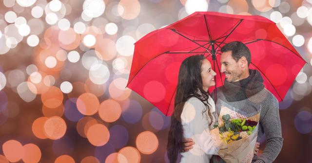 Romantic couple with umbrella and flowers over bokeh - Download Free Stock Photos Pikwizard.com