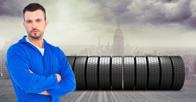 Mechanic standing with his aims crossed with stack of tyres in background - Download Free Stock Photos Pikwizard.com