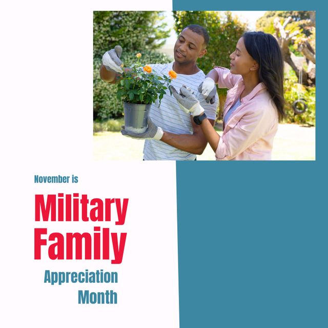 Image of military family appreciation day over happy african american couple planting flowers. Military, army, family and american patriotism concept.