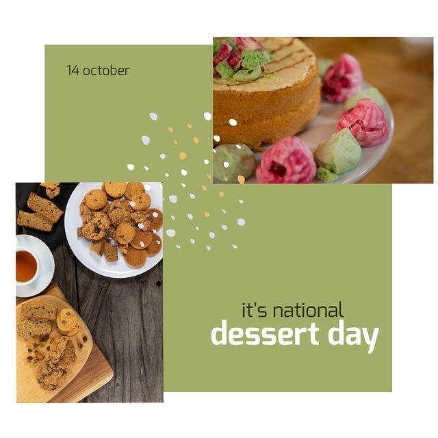 Collage of chocolate cookies and cake on table with it's national dessert day and 14 october text. Digital composite, copy space, sweet food, indulgence, snacks and celebration concept.