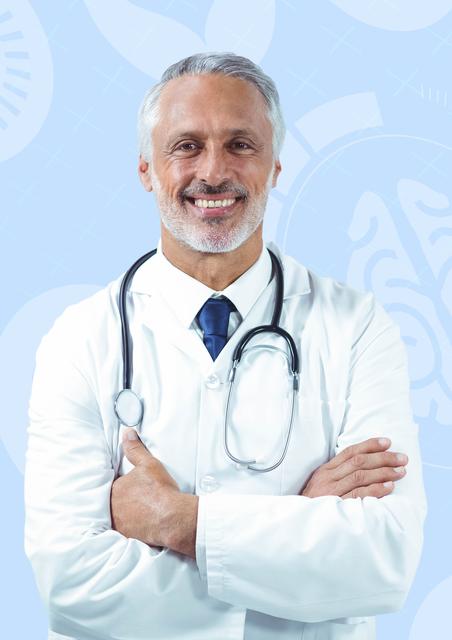 Digital composite image of male doctor standing with arms crossed against medical background