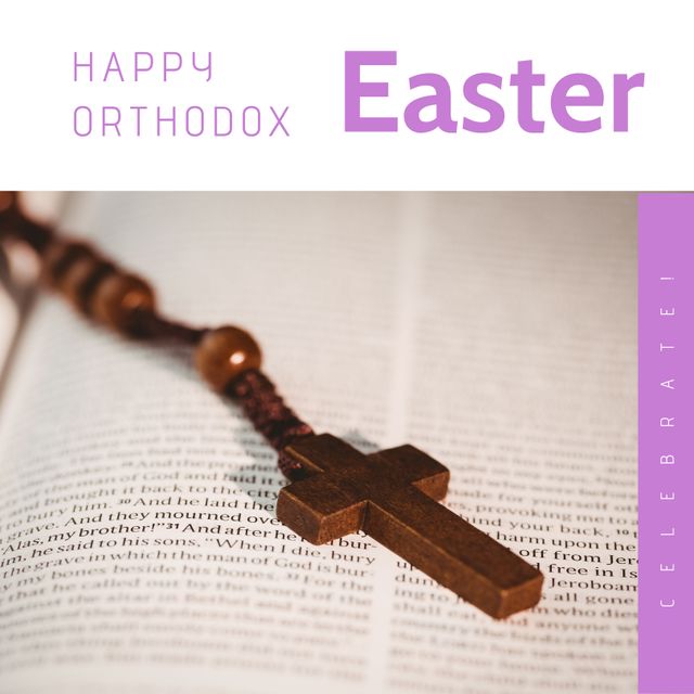 Composite of rosary beads on bible and happy orthodox easter and celebrate  text on white background from Pikwizard