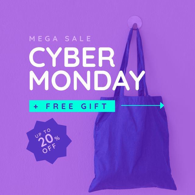 Square picture of cyber monday discounts up to 60 percent text over purple background. Cyber monday campaign.