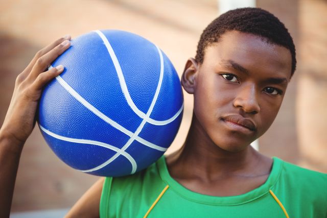 Close up portrait of teenage boy with basketball on shoulder