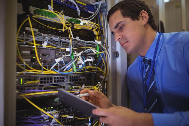 Technician maintaining record of rack mounted server on clipboard - Download Free Stock Photos Pikwizard.com