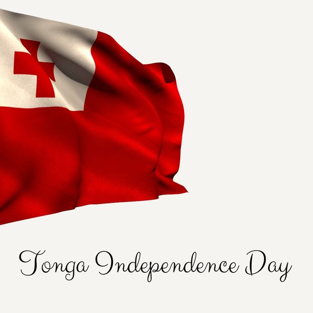 Cross on red flag waving by copy space over tonga independence day text against white background. digital composite, patriotism and identity concept.