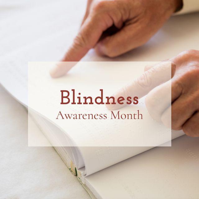 Composition of blindness awareness month text over hand reading braille. Blindness awareness month and celebration concept digitally generated image.