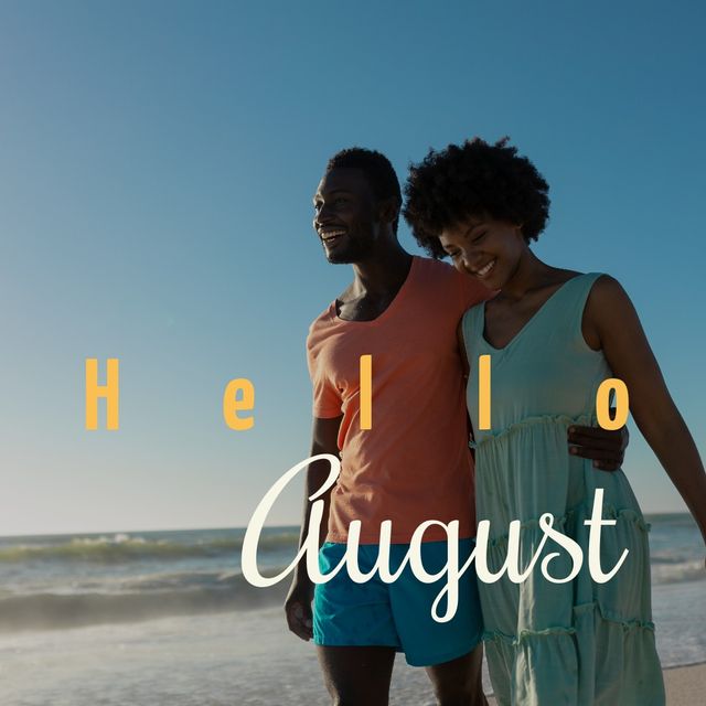Composite of happy african american mid adult couple at beach against blue sky and hello august text - Download Free Stock Templates Pikwizard.com