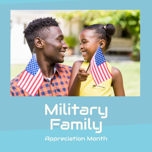 Image of military family appreciation month over african american father and daughter with usa flags. Military, army, family and american patriotism concept.