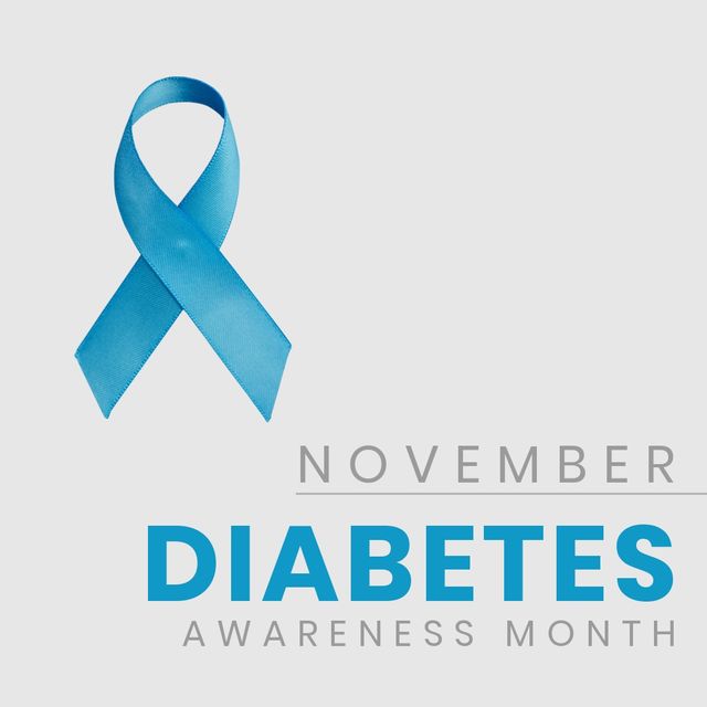 Illustration of blue awareness ribbon and november with diabetes awareness month text, copy space. Support, sugar, disease, healthcare, awareness and prevention concept.