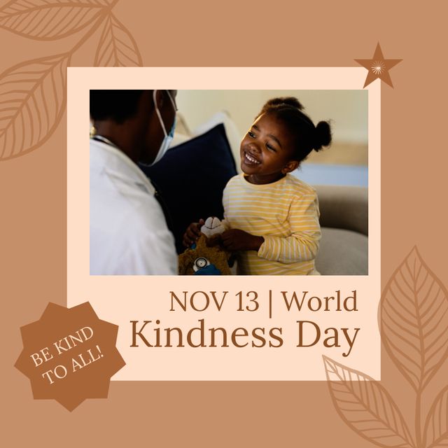 Composition of world kindness day text over african american girl with doctor. World kindness day concept.