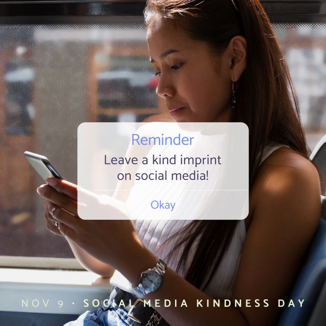 Image of social media kindness day over asian woman with smartphone. Network, communication and social media concept.
