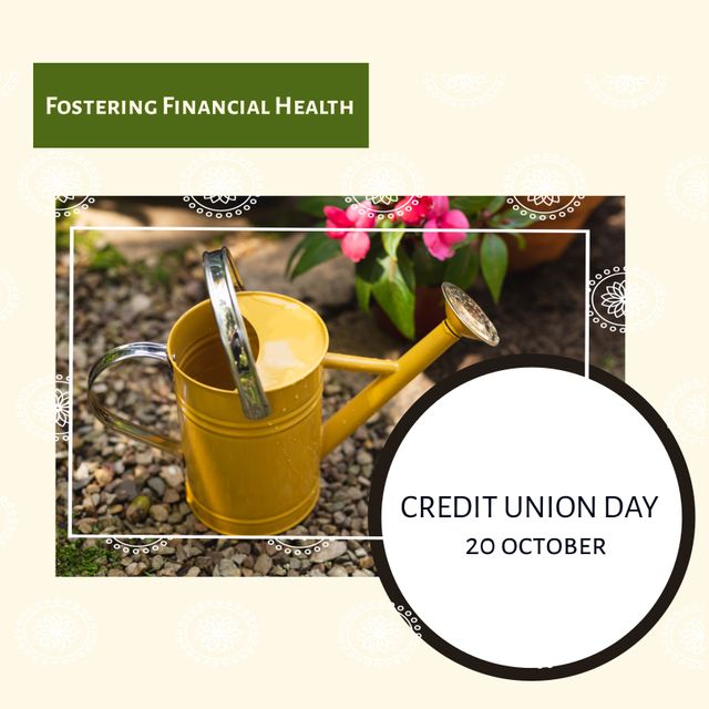 Composition of credit union day text over watering can in garden. Credit union day and celebration concept digitally generated image.