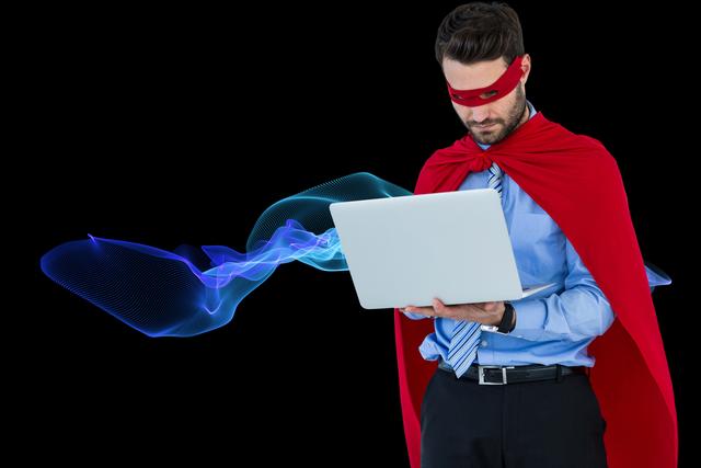 Digital composite image of businessman in super hero using laptop - Download Free Stock Photos Pikwizard.com