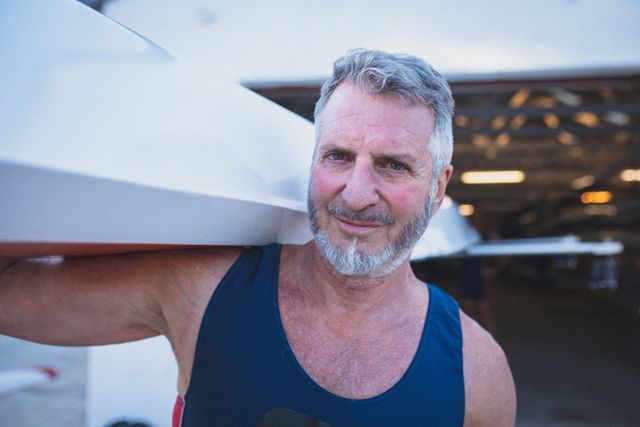 Portrait of senior caucasian man from rowing club carrying boat out of boathouse on his shoulder - Download Free Stock Photos Pikwizard.com