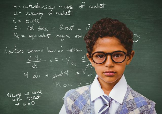 Portrait of boy in spectacles standing against scientific formula on chalkboard - Download Free Stock Photos Pikwizard.com