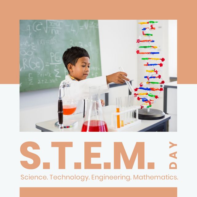 Composition of stem day text over biracial boy in lab. Stem day and celebration concept digitally generated image.