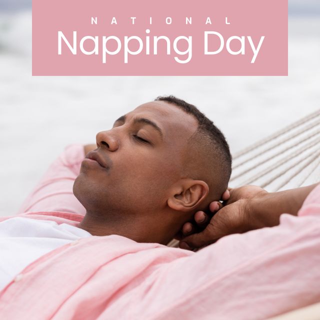 Image of national napping day text over african american man sleeping in hammock at beach. National napping day and celebration concept digitally generated image.