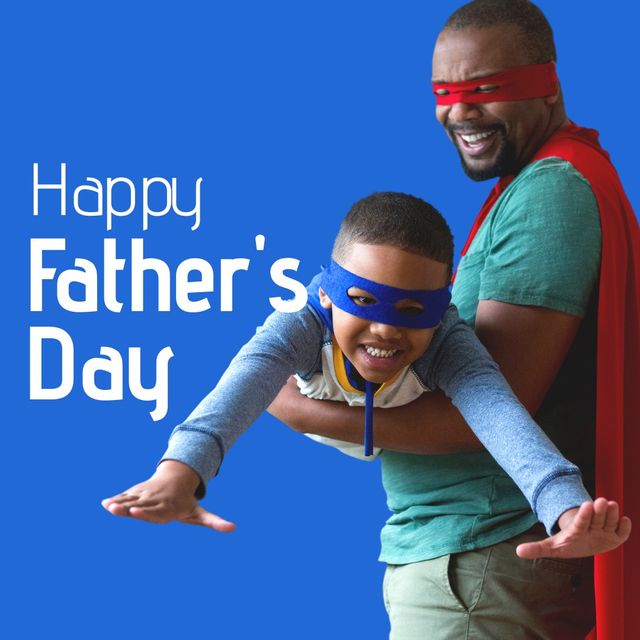 Happy father's day text by african american father and son playing together on blue background. digital composite, family, togetherness, lifestyle and celebration concept.