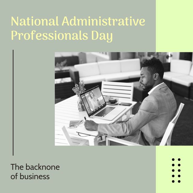 National administrative professionals day text over biracial businessman in office. Business and office professionals and working concept.