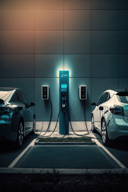 Two electric cars charging in charging station, created using generative ai technology. Electric car and eco transport concept digitally generated image.