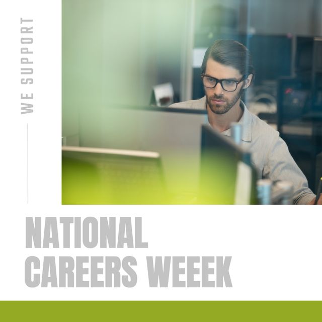 We support and national careers week text by focused caucasian businessman working over computer. Digital composite, profession, office, education, guidance, awareness, celebration, technology.