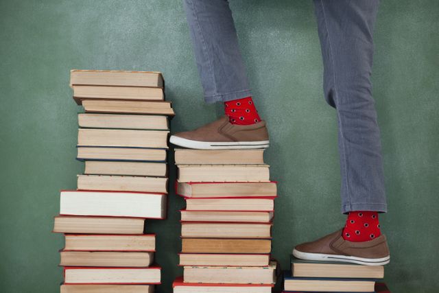 Schoolboy climbing steps of books stack against chalkboard - Download Free Stock Photos Pikwizard.com